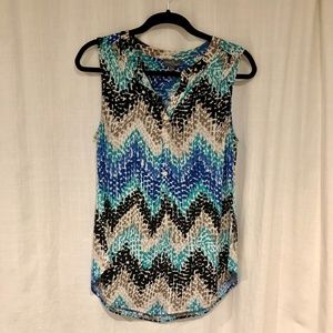 Sleeveless Henley Neck Splashy Chevron Blouse